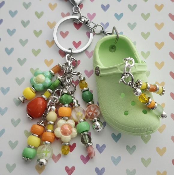 Handmade Accessories - Comfy Croc-inspired Purse Charm or Keychain Handcrafted Glass Stone Floral Beads